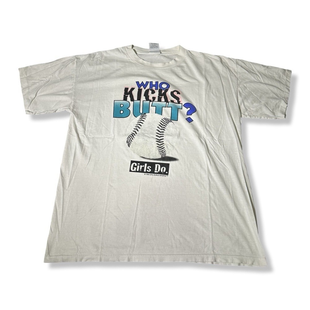 Vintage Real Girls Play Sports Kick Butt White Graphic T Shirt Size XL